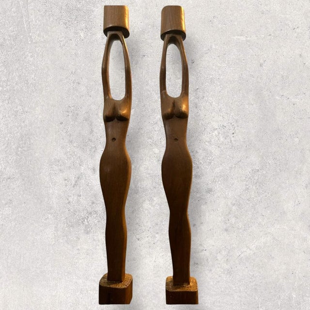 Set of hand-carved wooden candlesticks in the shape of a female figure – Mid-century style Beautiful set of sculptural...
