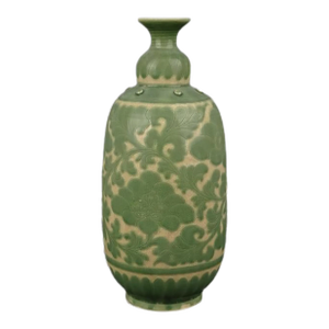 Vintage Chinese Porcelain Song Cizhou Kiln Green Glaze Porcelain Vase Hand Carved Flowers Pattern | Cizhou Ware Ceramic Bottle