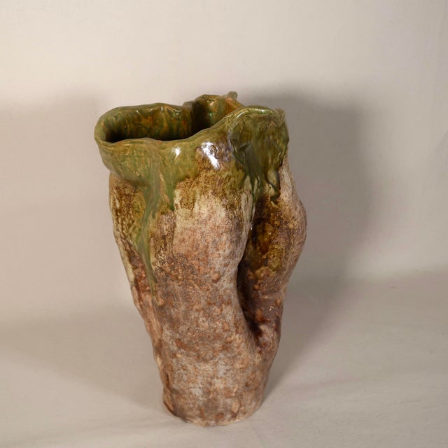 Late 20th Century Vintage Sculptural Earth Tone Wabi Sabi Large Organic Studio Pottery Vase With Drip Glaze For Sale - Image 5 of 16
