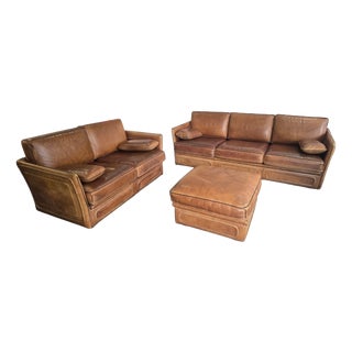 Vintage Living Room Set in Cognac Buffalo Leather from Roche Bobois, 1980s, Set of 3 For Sale