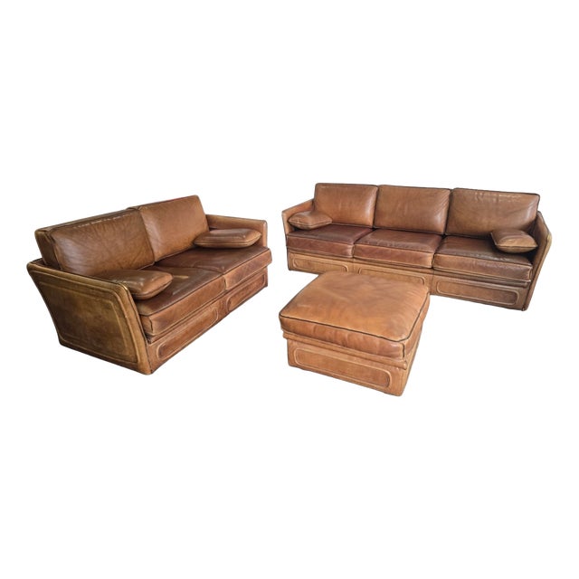Vintage Living Room Set in Cognac Buffalo Leather from Roche Bobois, 1980s, Set of 3 For Sale