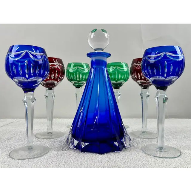 Mid-Century Modern Rare Murano Glass Decanter in Cobalt Blue With Jewel-Tone StemGlasses Set, 7 PCS For Sale - Image 3 of 18