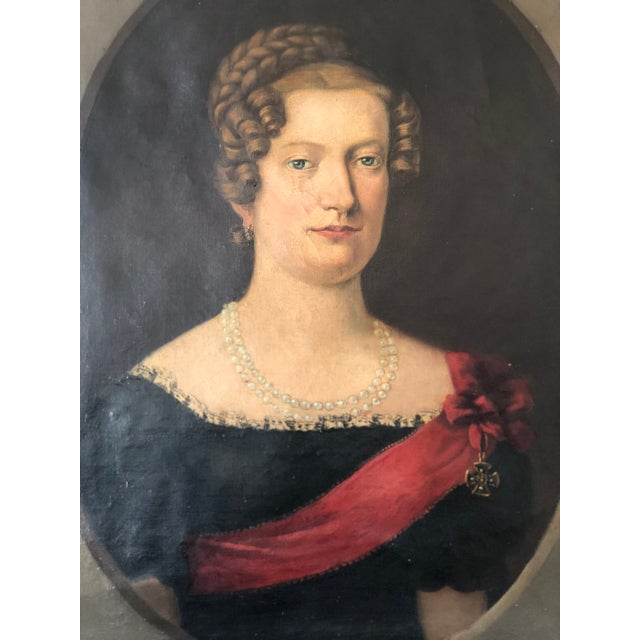 An original antique oil portrait painting of a baroness, dating from around 1870. This large 19th century painting comes...