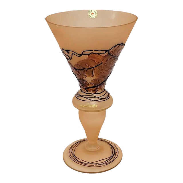 Vintage 14” Italian Frosted Amber Art Glass Trumpet Vase - Art Nouveau Style For Sale