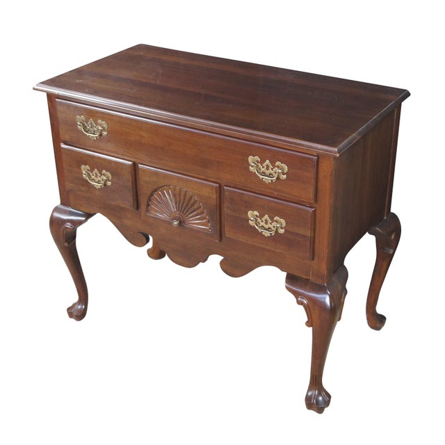 Vintage Ethan Allen Georgian Court Collection Lowboy, #11-9205, Circa 03-04-1980. Features a rectangular form designed in...