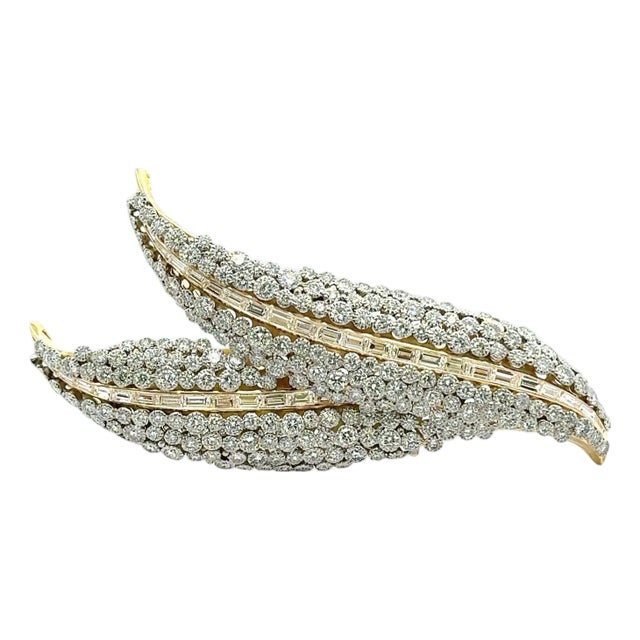 Yellow Gold & Platinum Diamond Feather Brooch For Sale