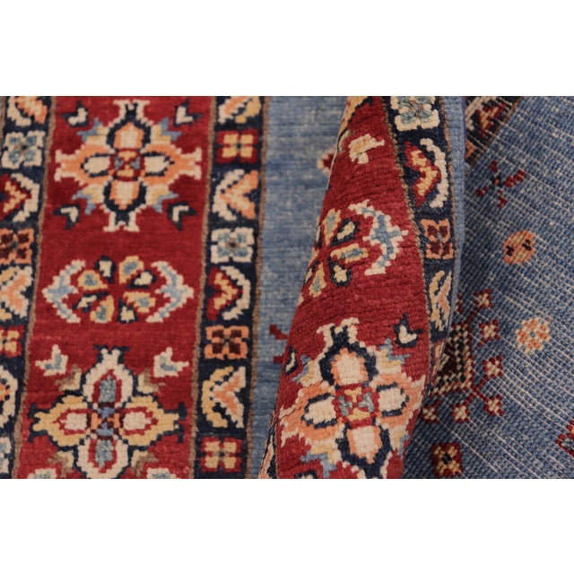 Textile Tribal Super Kazak Light Blue/Red Wool Runner Rug- 2'11'' X 9'8'' For Sale - Image 7 of 10