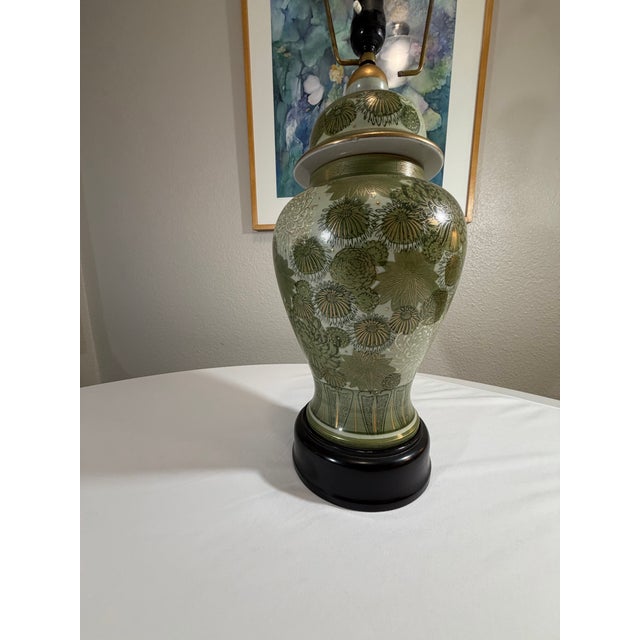 1950s Vintage Japanese Fujita Kutani Celadon Ginger Jar Lamp Chrysanthemum For Sale - Image 5 of 12