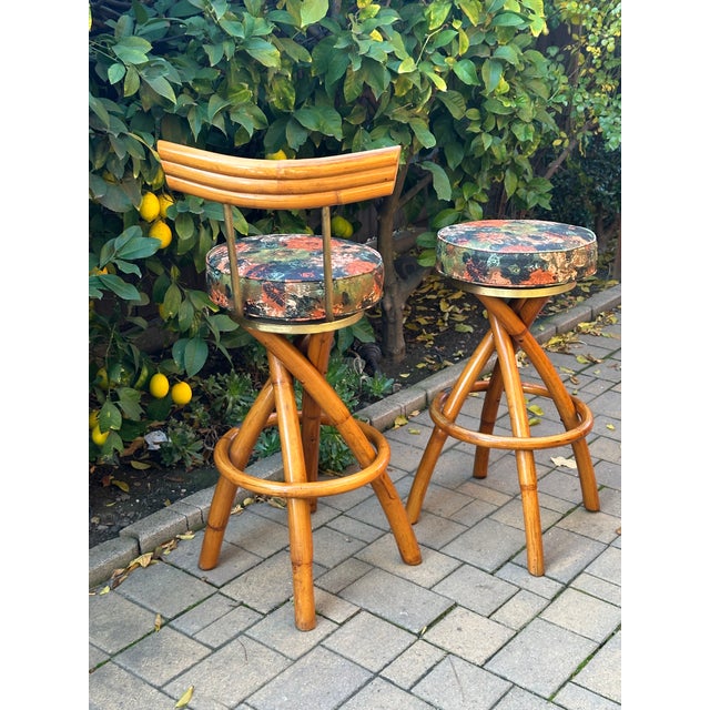 1950s Mid-Century Swivel "Spiral" Leg Rattan & Brass Barstools,- Set of 2 For Sale - Image 11 of 15