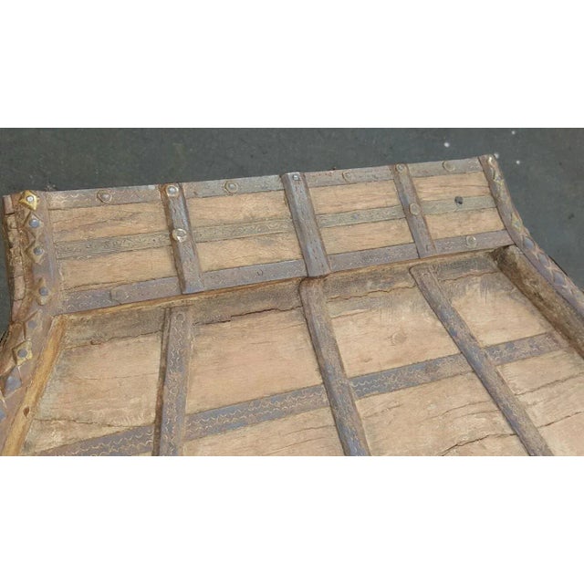 Wood 19th Century Primitive Polygonal Indian Bullock Ox Cart Dining Table With Metal Braces and Strappings For Sale - Image 7 of 13