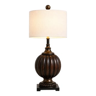 Vintage Fluted Melon-Form Table Lamp With Ivory Linen Drum Shade For Sale