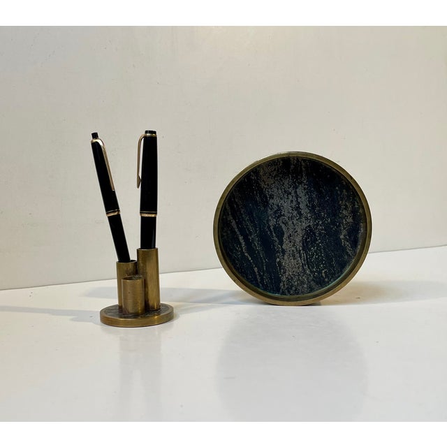 Art deco styled mid-century desk set (dish and pen holder) fashioned from slaps/cuts of solid granite from the mines of...