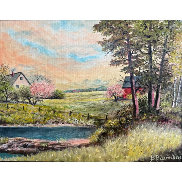 Original framed landscape oil painting by B. Baumbach. A rural sunrise scene with a house, red barn, pond, and pink...