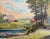 Original framed landscape oil painting by B. Baumbach. A rural sunrise scene with a house, red barn, pond, and pink...