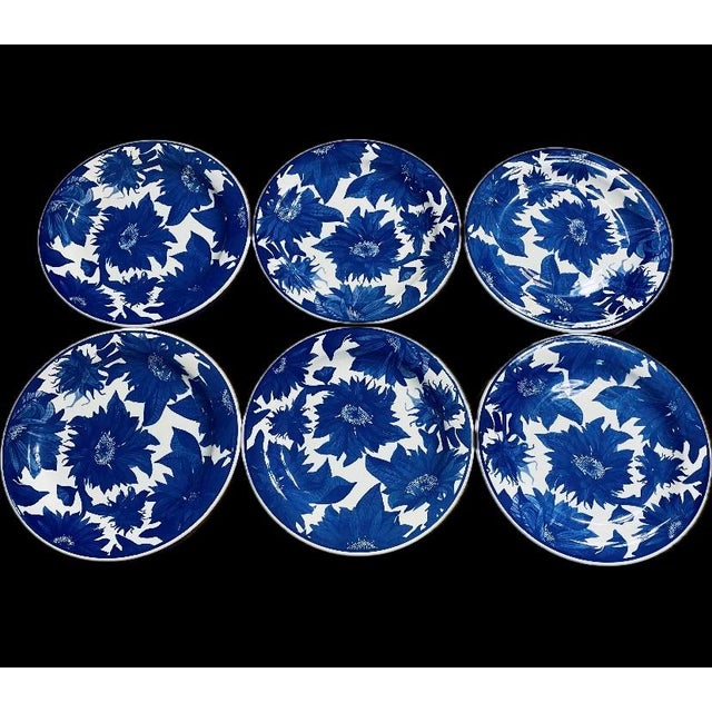 Rustic European Vintage Ceramica Quadrifoglio Italian Decorative Blue & White Floral Large Plates - Set of 6 For Sale - Image 3 of 12