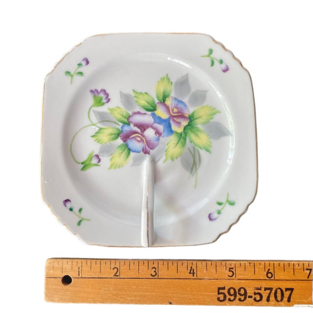 Ceramic Vintage Lemon Dish – Hand-Painted Finger Plate Occupied Japan – Blue & Purple Floral Nappy With Gold Trim For Sale - Image 7 of 8