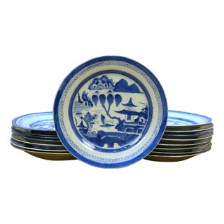 Antique Chinese Export Canton Blue White Pagoda Willow Tree Boat Plates 10" - Set of 16 For Sale