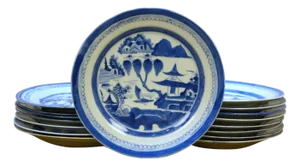 Antique Chinese Export Canton Blue White Pagoda Willow Tree Boat Plates 10" - Set of 16
