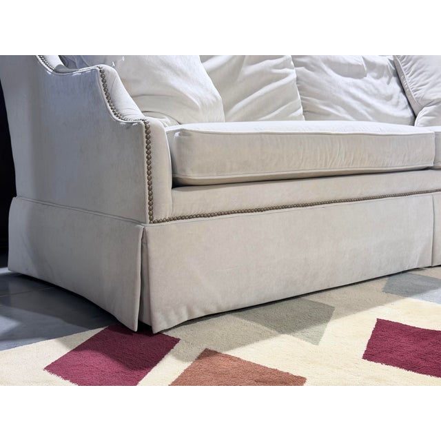 Wood Ethan Allen Classic Upholstered Skirted Sofa With Nailhead Trim For Sale - Image 7 of 9