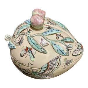 Antique 19th Century Chinese Porcelain Tabletop Ware, With Soft Pastel Colors in the Famille Rose Palette, Peach—Form Presentation Box, Serving Bowl