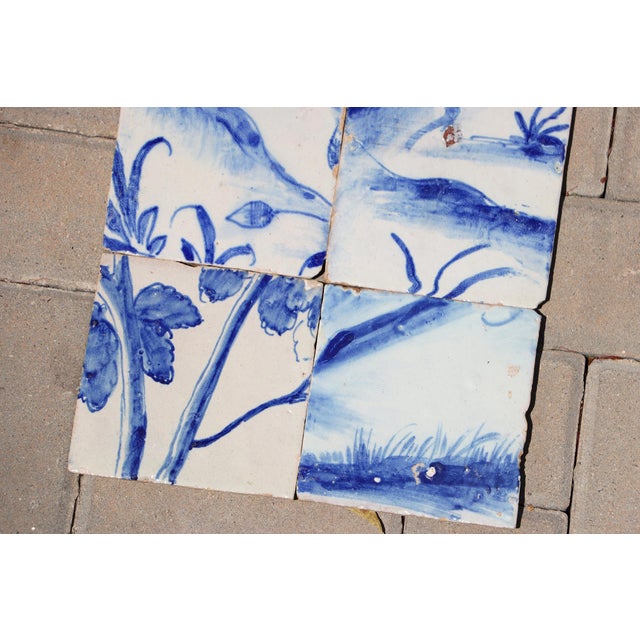 Antique Set of 6 Baroque Portuguese Tiles, 18th Century Blue & White Landscape and Botanical Scene For Sale - Image 4 of 8