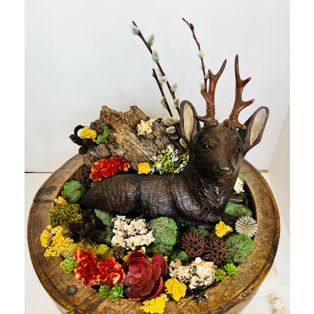 Vintage Hand-Carved Wooden Deer Diorama Folk Art Stag Sculpture in Rustic Bowl Woodland Centerpi For Sale In Chicago - Image 6 of 7