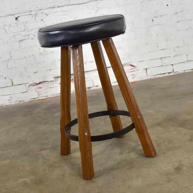 Brown Mid 20th Century Bar Stool Acorn Brown Finish and Black-Brown Vinyl Faux Leather Seat Attributed to Brandt Ranch Oak For Sale - Image 8 of 12