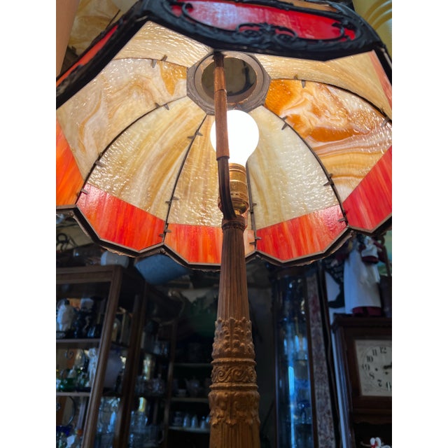 Antique Bent Caramel, Red /Orange Slag Glass Table Lamp For Sale - Image 4 of 12