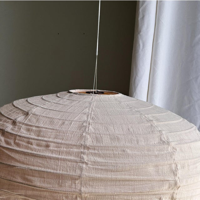 Large Japanese Style Oval Flattened Pink Rattan and Natural Linen Pendant Light, 1980s For Sale - Image 18 of 18
