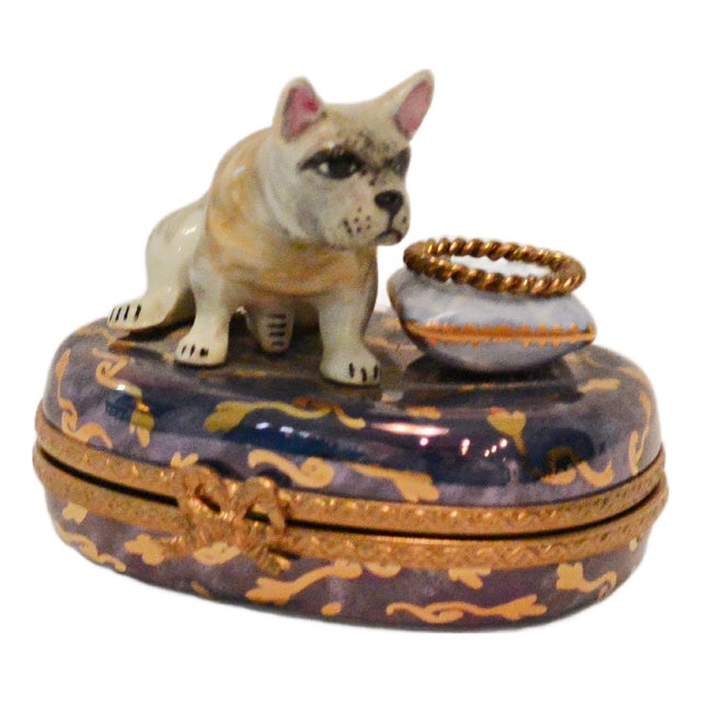 Vintage Rochard Limoges French Bulldog & Ring Cushion Porcelain Trinket Box – Circa Late 20th Century For Sale