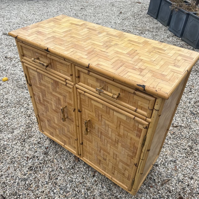 Mid-Century Modern Vintage Woven Rattan Cabinet With Bamboo Handles For Sale - Image 3 of 12