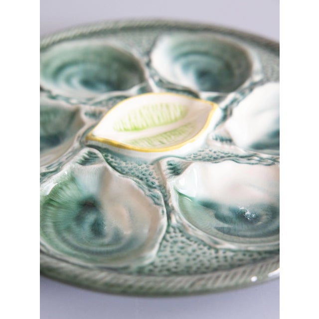 Antique French Saint Clément Majolica Blue Green & Yellow Lemon Wedge Oyster Plate For Sale - Image 4 of 7