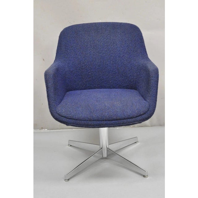 Vintage Mid Century Modern Blue Upholstered Chrome Swivel Base Club Arm Chair. Item features blue knubby wool upholstery,...