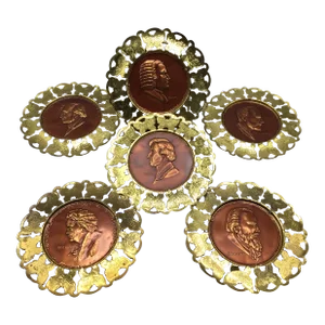 Vintage Influential Composers Stamped on Yellow Brass Wall Plates and Butterfly Filigree Made in England-Set of 6