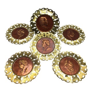 Wall Plates Influential Composers Stamped on Yellow Brass and Butterfly Filigree Made in England-Set of 6 For Sale