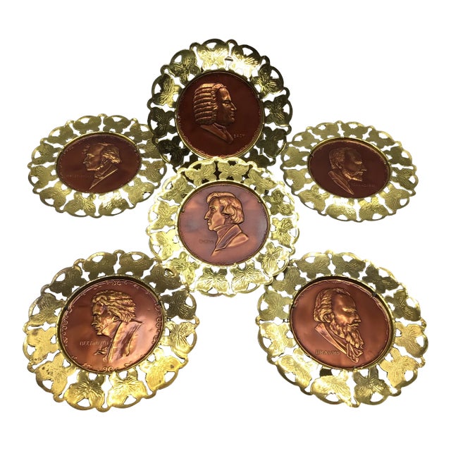 Wall Plates Influential Composers Stamped on Yellow Brass and Butterfly Filigree Made in England-Set of 6 For Sale