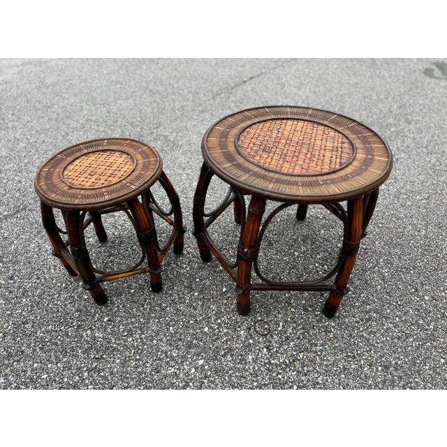 Contemporary Vintage Interlude Home Burnt Bamboo and Rattan Nesting Tables by Turtle and Crane - A Pair For Sale - Image 3 of 10