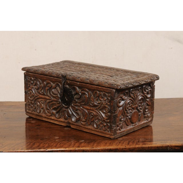 Coffee 18th C. Spanish Colonial Carved-Wood Trunk For Sale - Image 8 of 10
