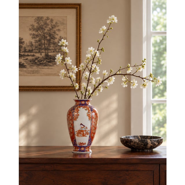 Richly decorated vintage Japanese porcelain vase by Gold Imari, featuring alternating figural and floral panels in a...