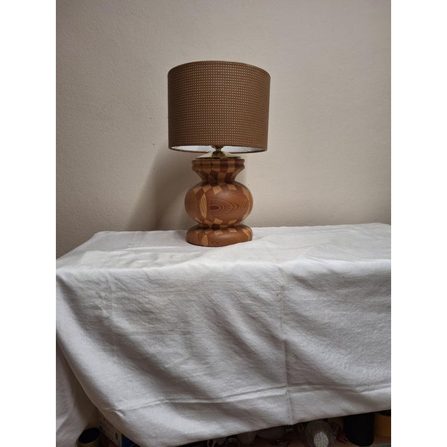 Vintage Table Lamp with Handmade Pine Wood Base and Fabric Shade from Lamplove, 1970s For Sale - Image 4 of 10