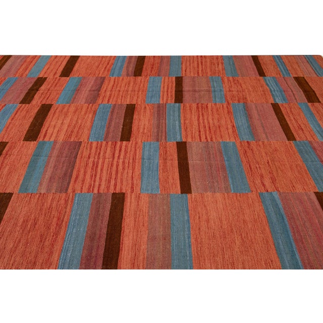 Orange Modern Kilim Flatweave Orange Geometric Abstract Wool Rug For Sale - Image 8 of 10