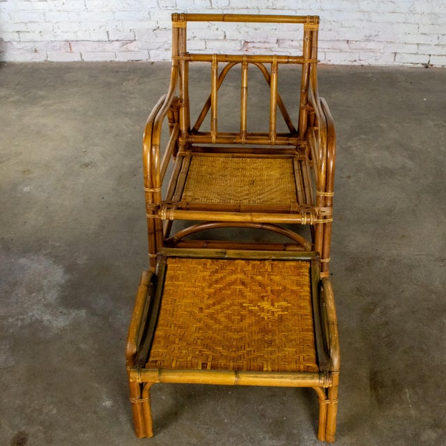 Brown Mid-20th Century Tropical or Coastal Style Rattan Lounge Chair and Ottoman Set by Calif Asia For Sale - Image 8 of 18