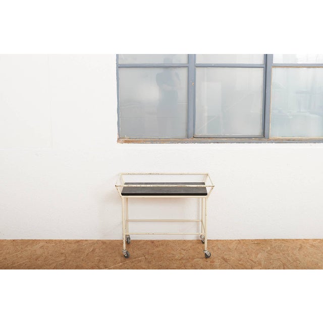 Tea Serving Trolley with White Lacquered Tubular Steel Frame and Black Lacquered Wooden Board For Sale - Image 9 of 10