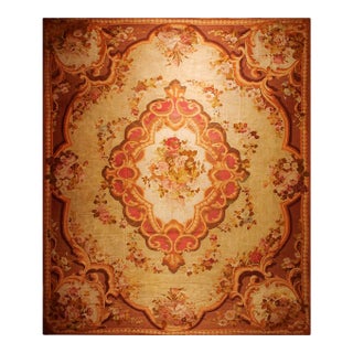1850s Antique Beige Floral Medallion French Neoclassical European Aubusson Rug For Sale