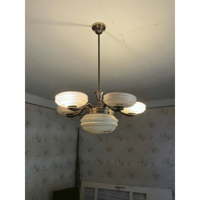 1940s Art Deco Brass and Glass 5-Arm Chandelier, Central Europe, 1940s For Sale - Image 5 of 6