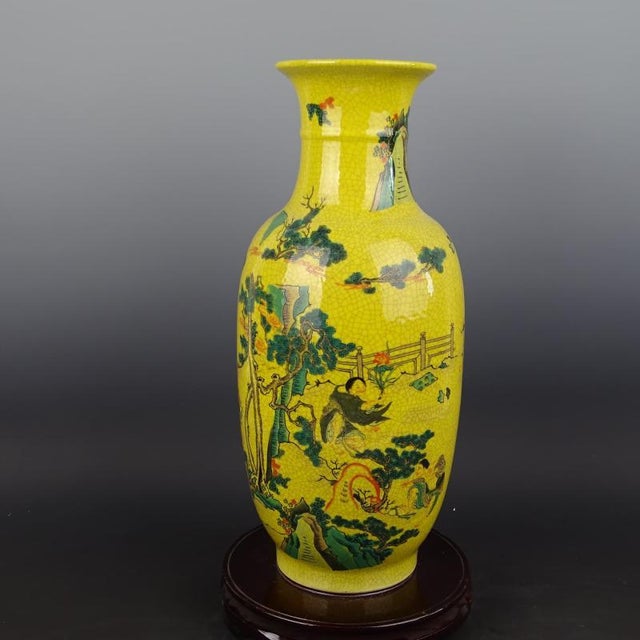Chinese Ceramic Qing Dynasty Qianlong Marked Yellow Ground Crackle Glaze Porcelain Vase Hand Painted Figures Pattern For Sale - Image 4 of 6