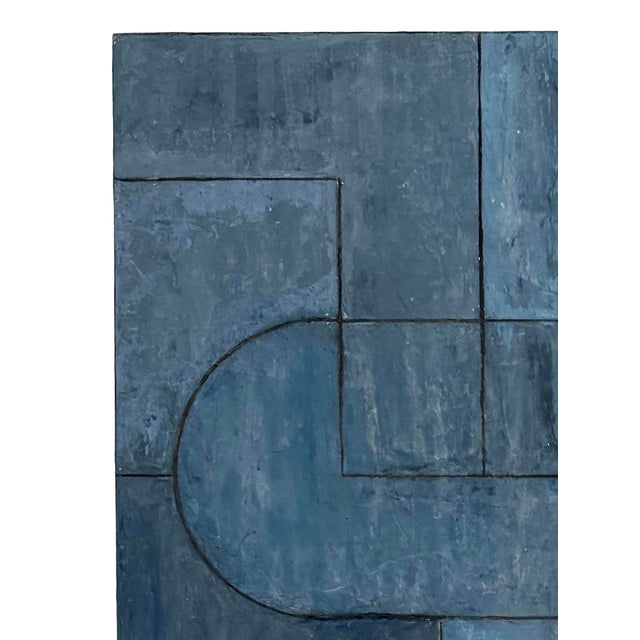 Contemporary Geometric Abstract Oil and Cold Wax Painting Monochromatic Blue by Stephen Cimini For Sale - Image 4 of 7