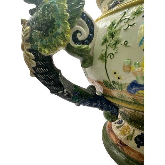 Vintage Majolica Style Covered Tureen With Gnomes and Wing Gryphon Handles For Sale - Image 12 of 12