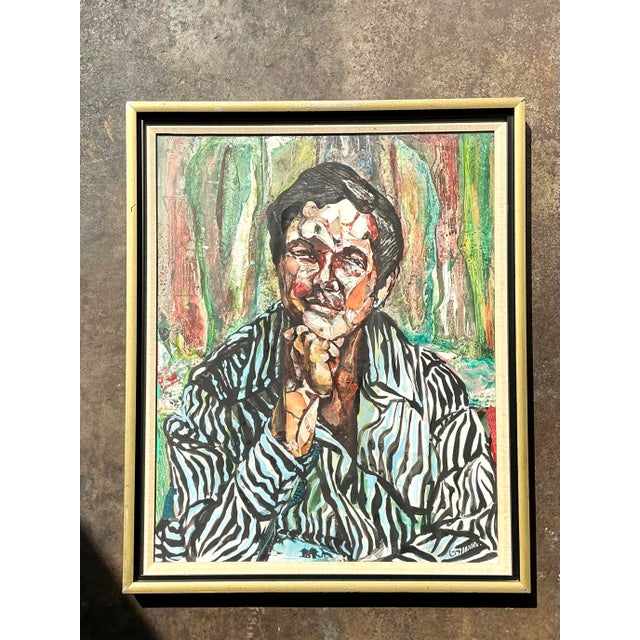 This compelling original oil portrait captures the avant-garde spirit of the 1970s through an expressive, almost mosaic-...
