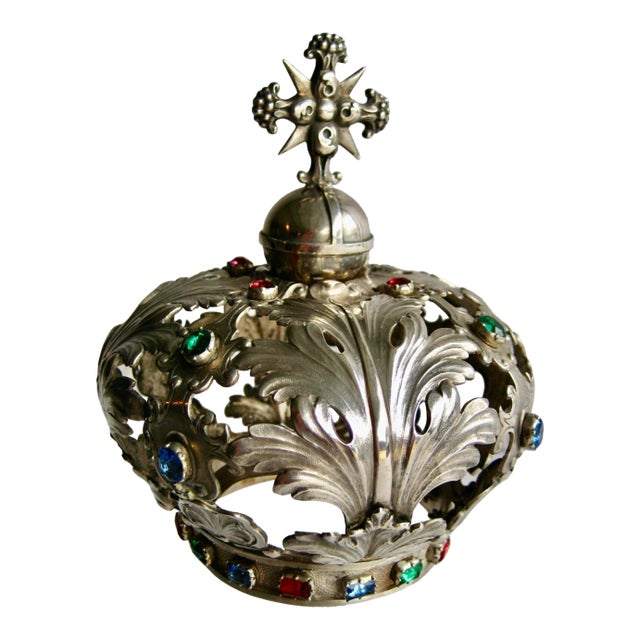 Silver Statue Crown With Colored Stones 19 Century For Sale